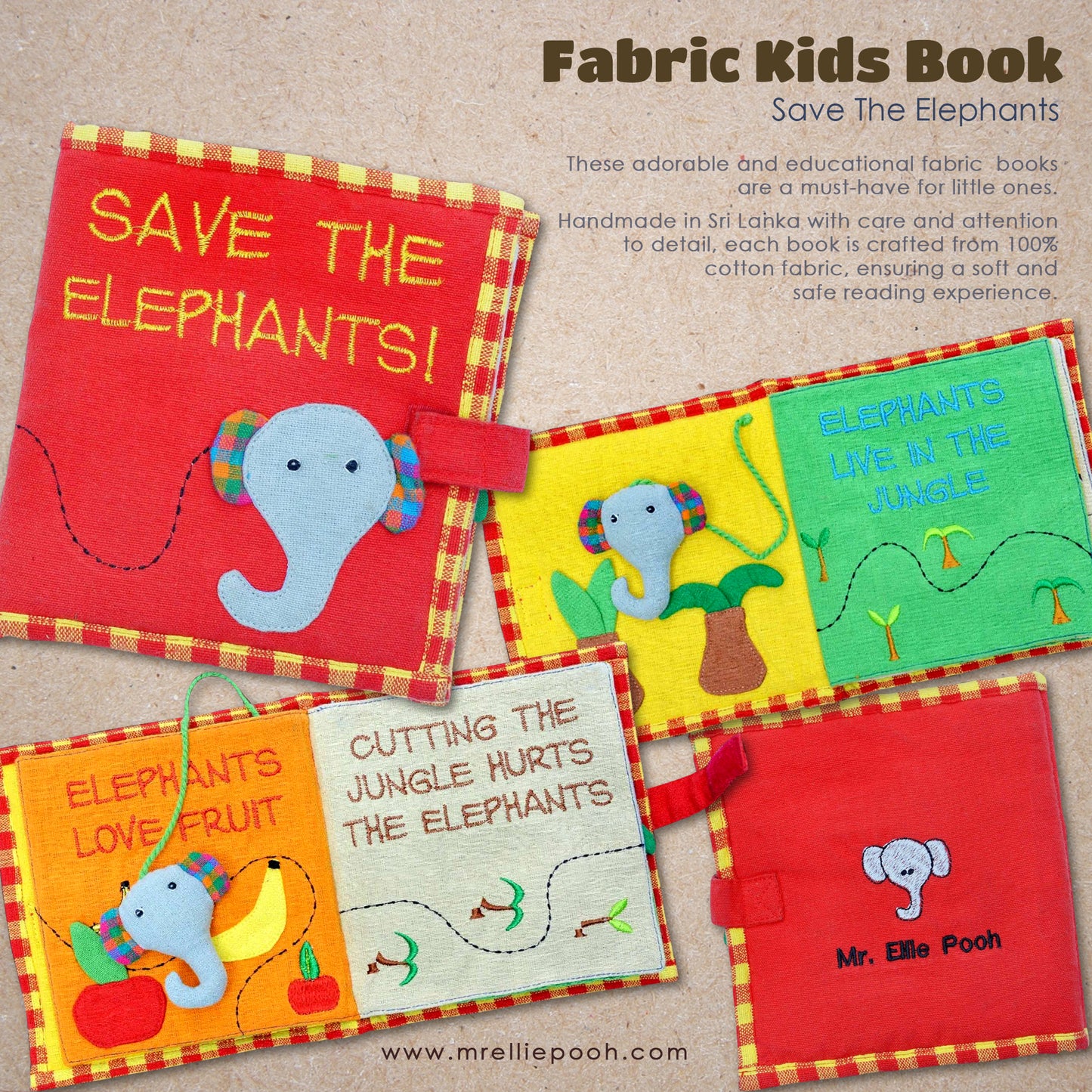 Fabric Kids Book - Save The Elephants