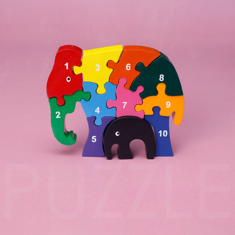 Wooden Puzzle Mama and Baby Elephants Numbers