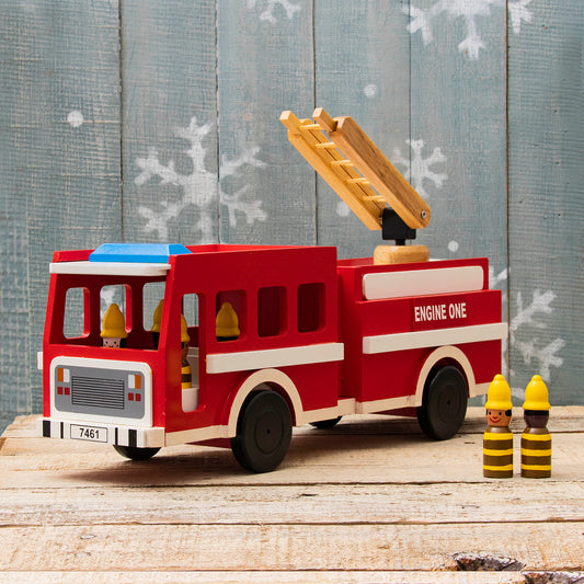 Wooden Fire Truck Toy – 15” Ladder Engine with 4 Firefighters