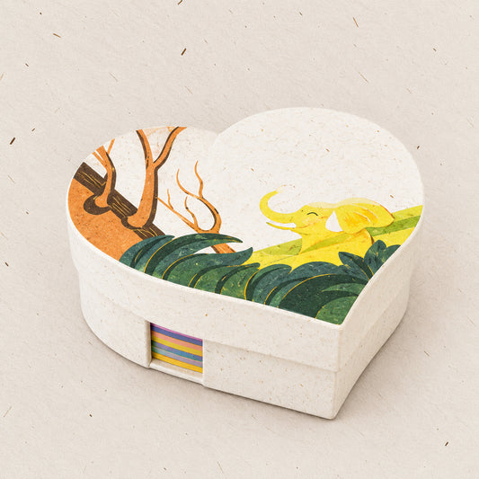 Natural white heart-shaped elephant note box with yellow elephant and tropical foliage