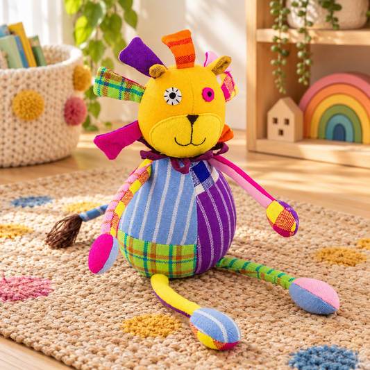 Colorful patchwork lion fabric doll in a warm children's playroom