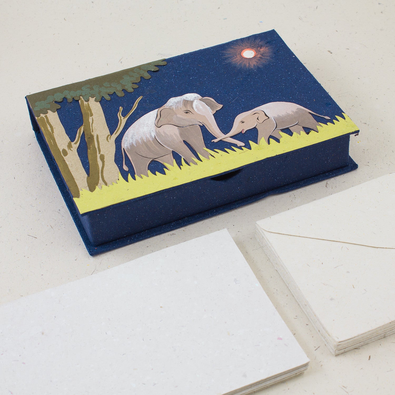 Boxed Stationery Set Elephants Dark Blue