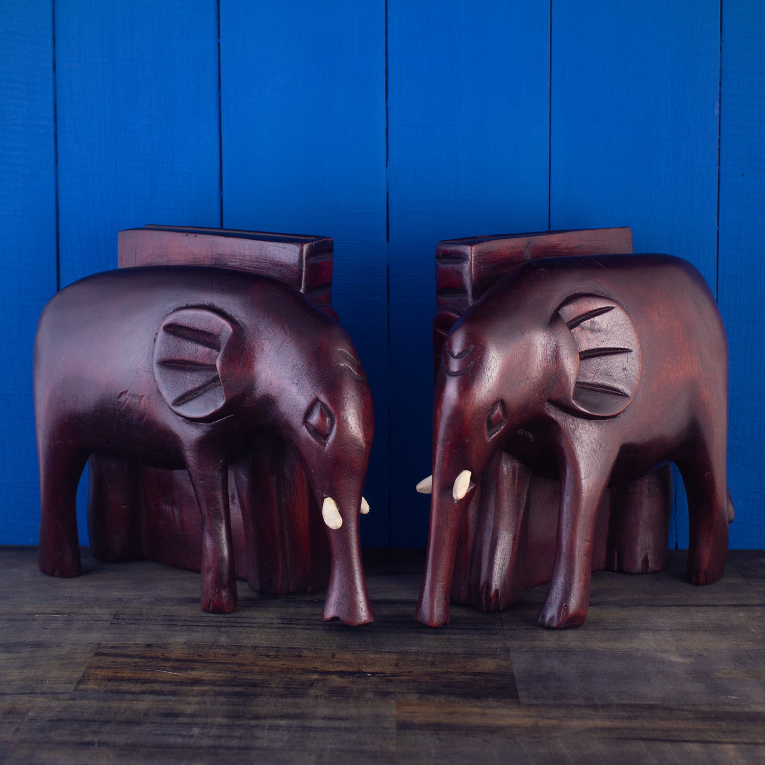 Hand-Carved Wooden Elephant Bookends Set