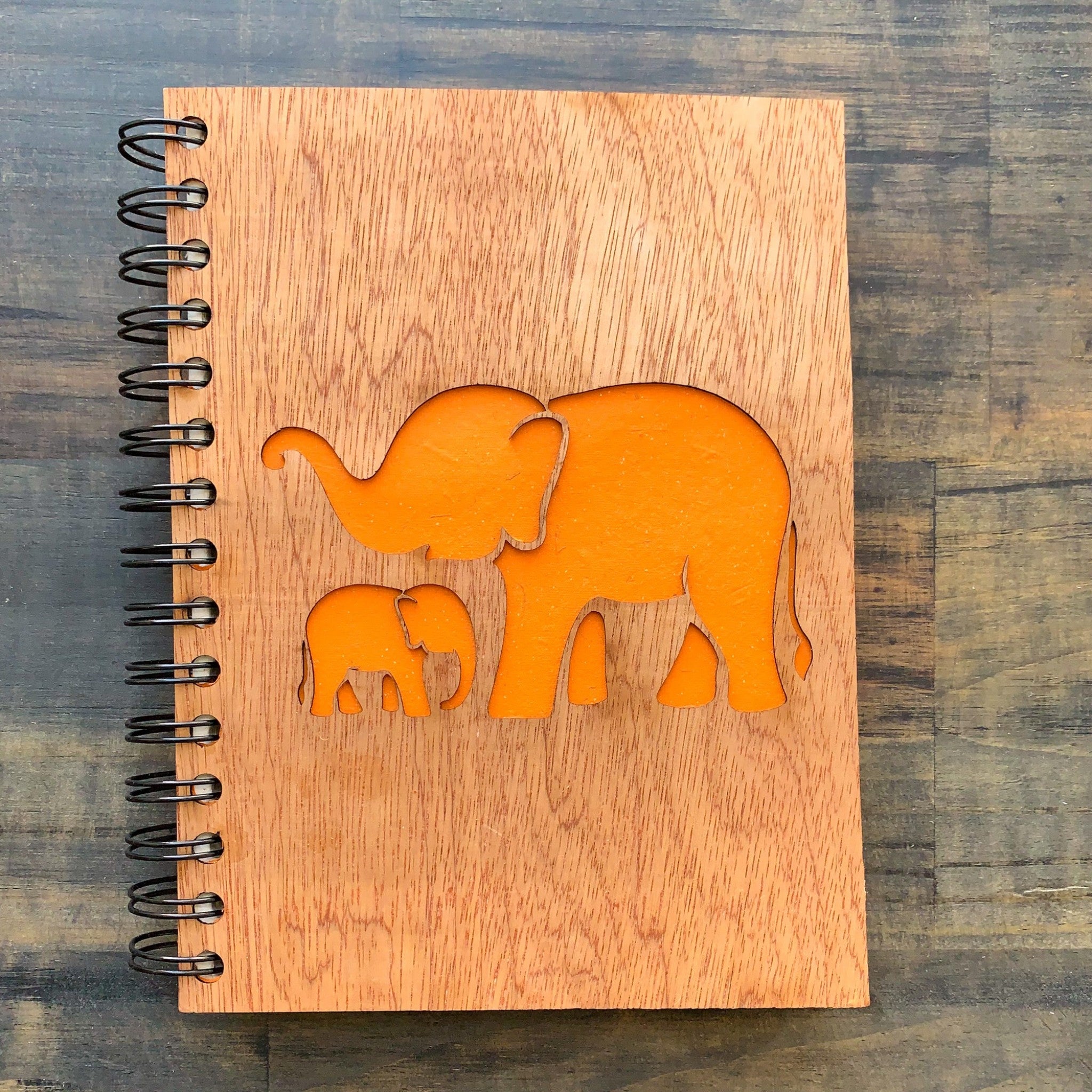 Large Notebook Wood Cover Elephant Mother and Baby Love