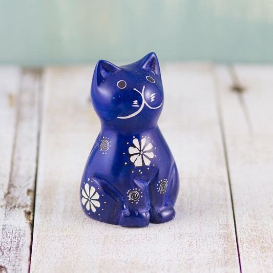 Soapstone Cute Kitty Cat Dark Blue (w)